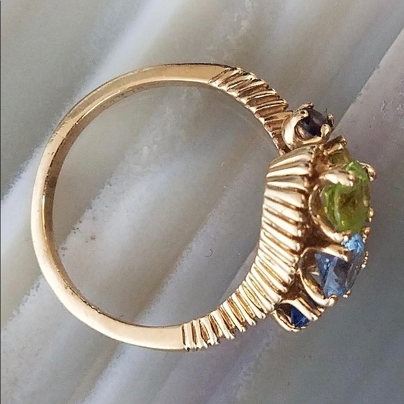 14K Yellow Gold band: Spinel, Aquamarine, Peridot, Topaz Gemstone Ring sz 8 - Picture 4 of 7